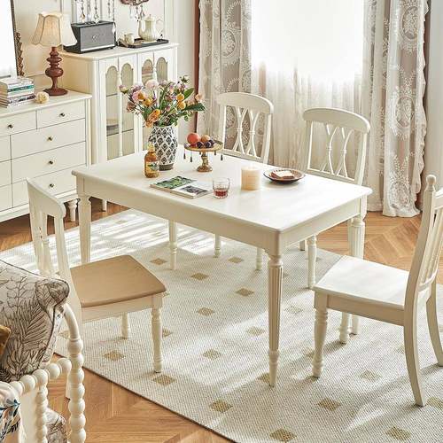 奶油风餐桌全实木长方形1.38米轻法式家用餐厅吃饭方桌子原木家具