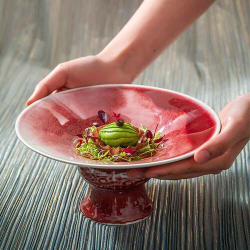 中式复古郎红吉祥陶瓷圆形8英寸高脚盘水果沙拉碗餐厅凉菜盘餐具