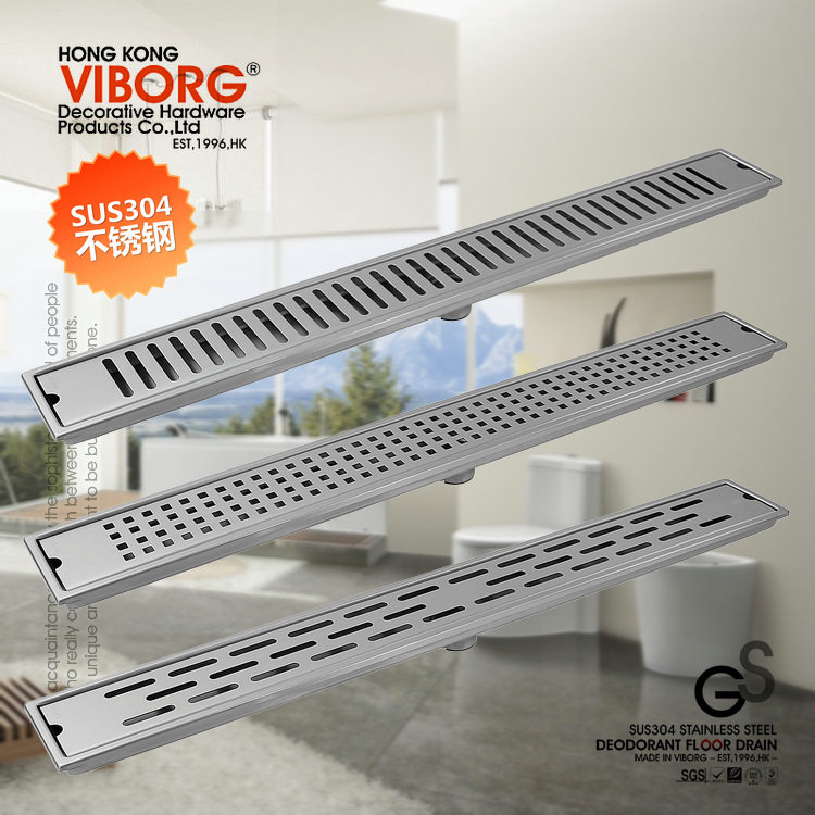 VIBORG304不锈钢强排防臭地漏长条形大流量淋浴房卫生间加长地漏