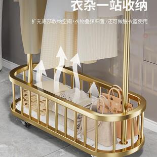 铁艺落地衣架卧室带轮可移动收纳筐衣服架子出租屋立式晾衣架简约