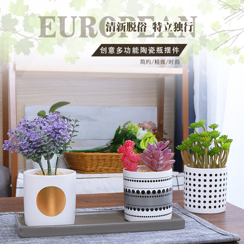 创意北欧陶瓷多功能储蓄罐 笔筒多肉种植卧室客厅样板房桌面摆件