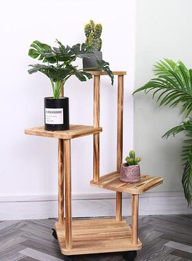 现货带滑轮可移动多层植物架室内客厅绿萝盆栽架木质落地式花架