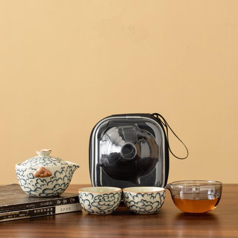 汝窑祥云旅行茶具小套装便携式包快客杯一壶二杯户外随身茶壶茶杯