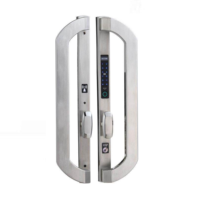 长固拉手门不锈钢智能铝合金门锁指纹密码锁D型把手断桥铝指纹锁