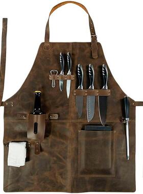 欧美纯色复古PU围裙皮围裙工匠木工多功能挂脖工具围裙