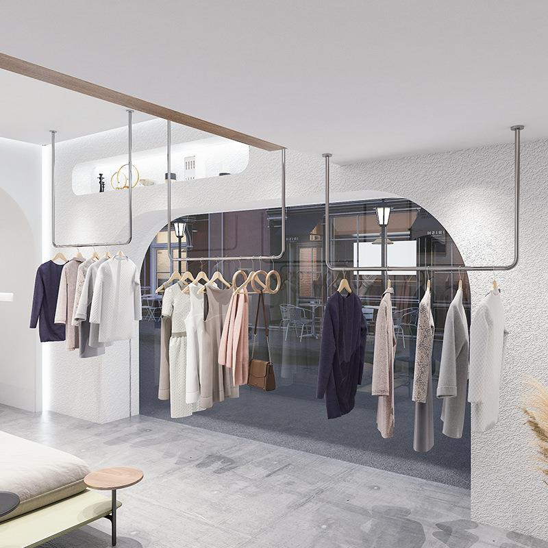 服装店衣架展示架上墙正挂不锈钢拉丝银色女装挂杆墙上壁挂货架