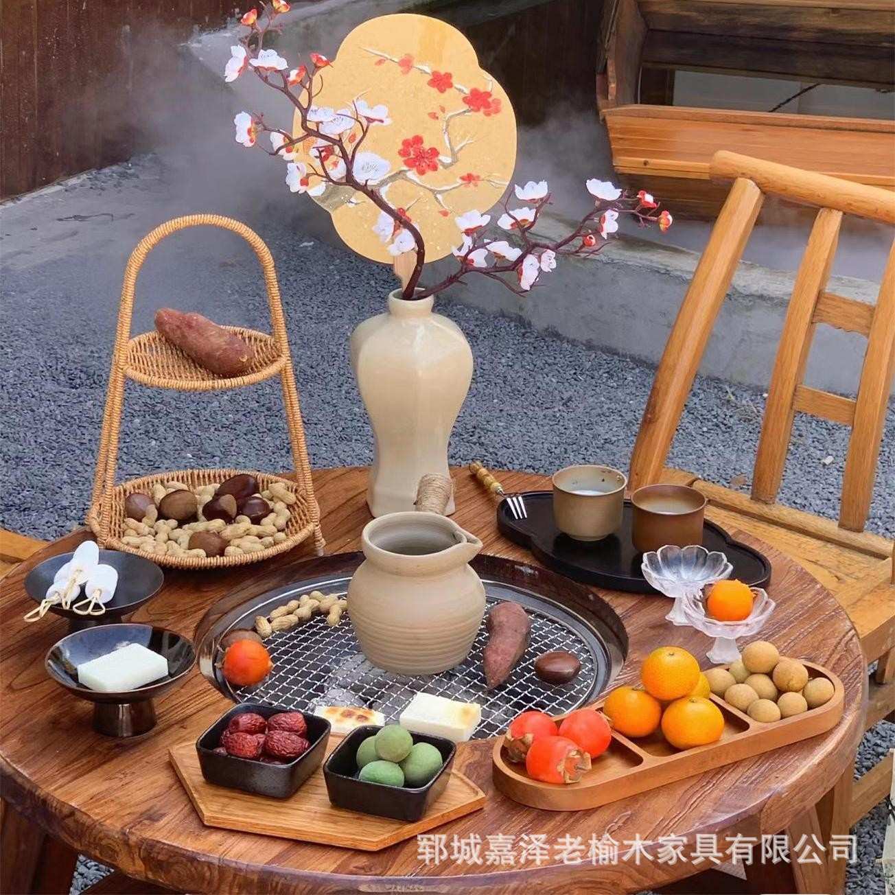 老榆木围炉煮茶桌室内炭火炉民宿家用阳台烧烤火锅小圆桌带电陶炉
