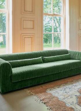 现代简约轻奢布艺褶皱个性设计草绿色北欧客厅休闲多人直排沙发