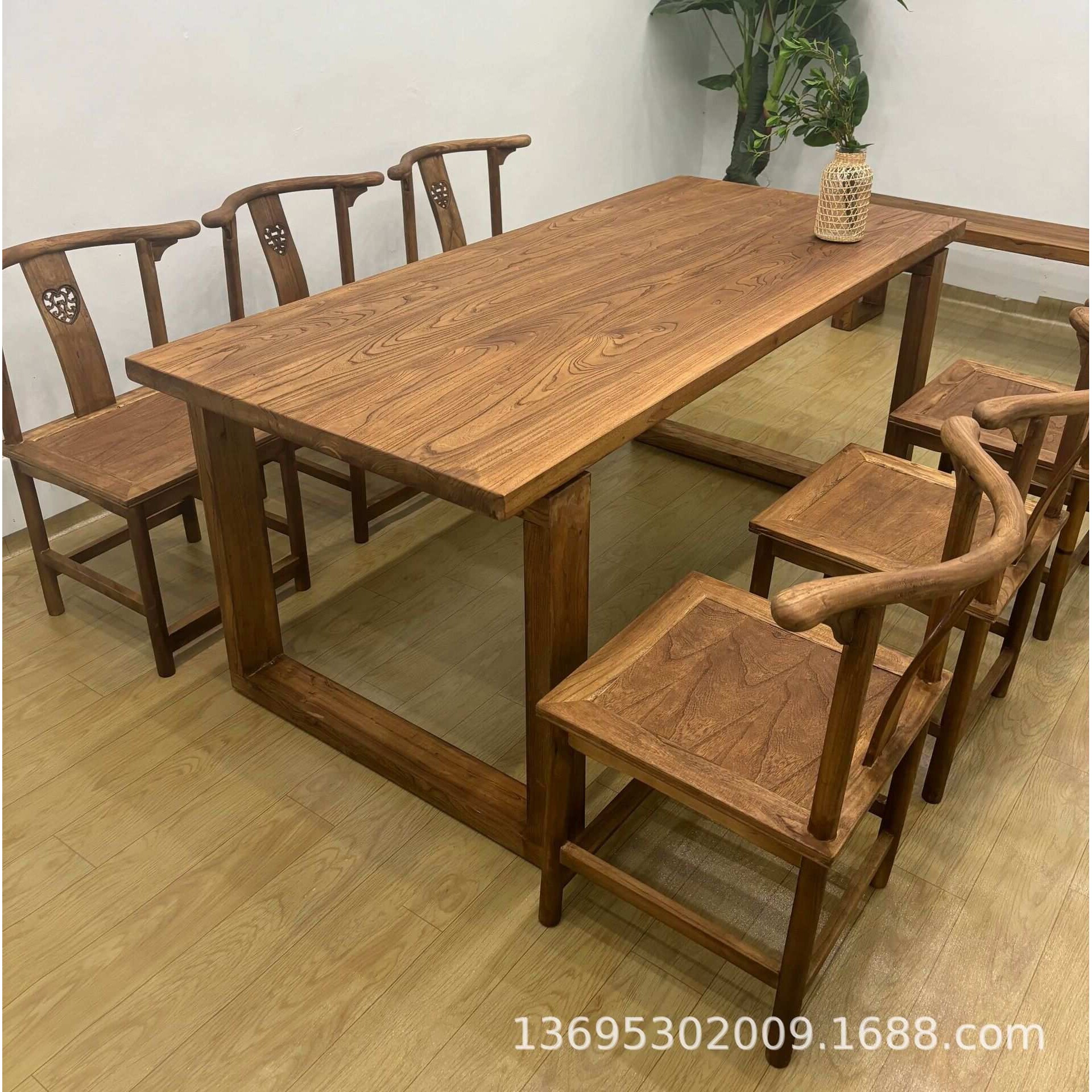 新中式老榆木大板桌家用餐桌吧台工作台办公学习电脑桌实木长条桌