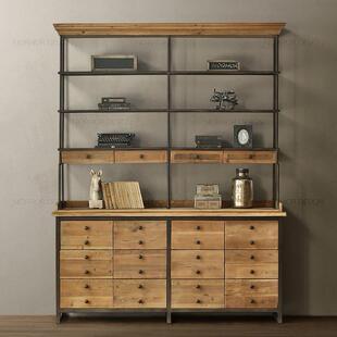 复古书柜书架抽屉工业风陈列架实木置物架loft铁艺古玩收藏展示架