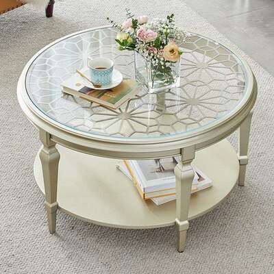 美式实木雕花镂空茶台玻璃茶几小户型轻奢现代圆形茶桌法式小茶几