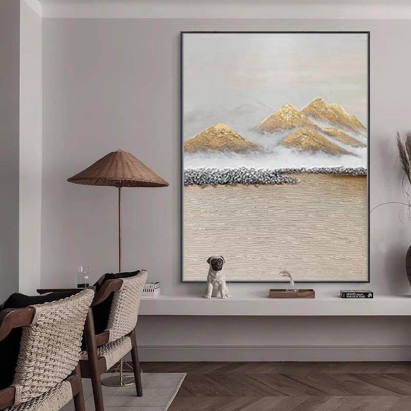 《鎏金靠山》背靠金山手绘油画新中式客厅挂画抽象玄关装饰画