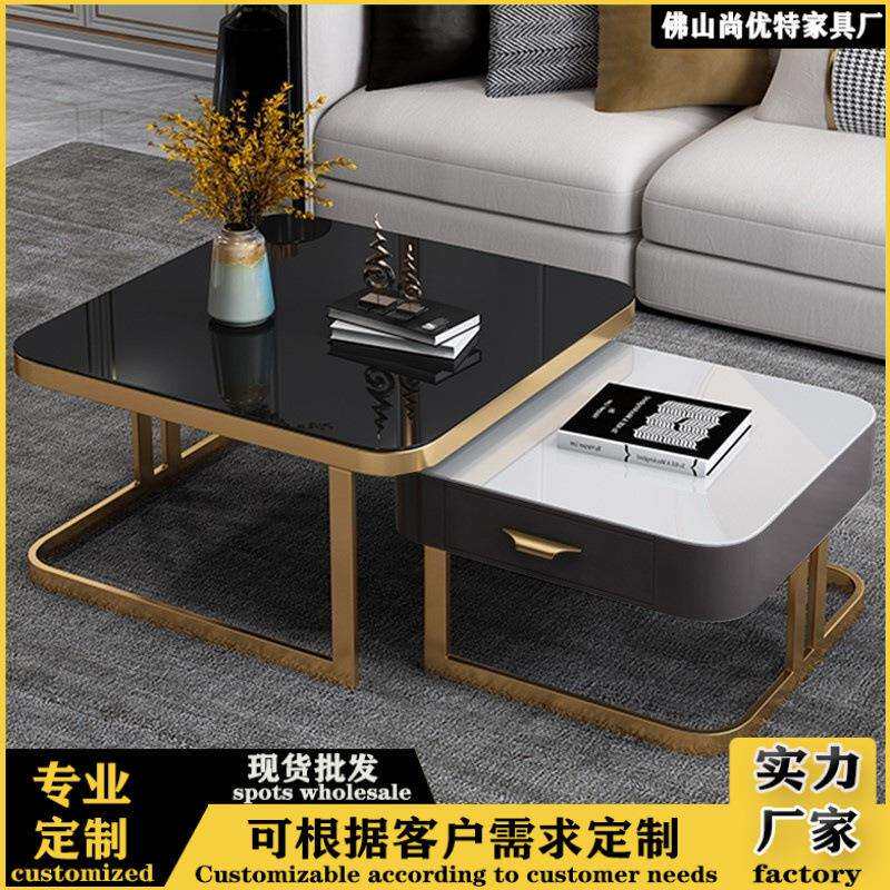 不锈钢化玻璃茶几大小组合可伸缩小户型大理石茶桌子多功能轻奢