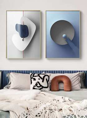 现代轻奢蓝色抽象客厅装饰画三联画卧室床头壁画北欧简约几何挂画