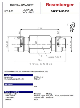 08K121-K00S3罗森伯格Rosenberger射频同轴连接器1.85母-母插头