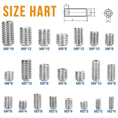666pcs304不锈钢平端紧定螺丝螺钉套装内六角无头机米定位螺丝