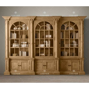 出口外贸RH美式乡村复古书柜组合仿古做旧2门餐边柜大展示柜橡木