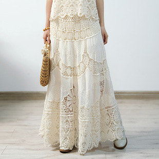 波西米亚度假风法式 钩花镂空蕾丝半身裙2026显瘦大裙摆A字长裙女