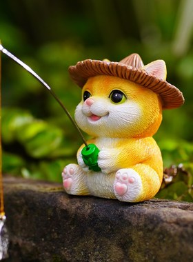 小猫钓鱼缸水族箱造景观摆件花园庭院假山流水器古法养鱼池装饰品