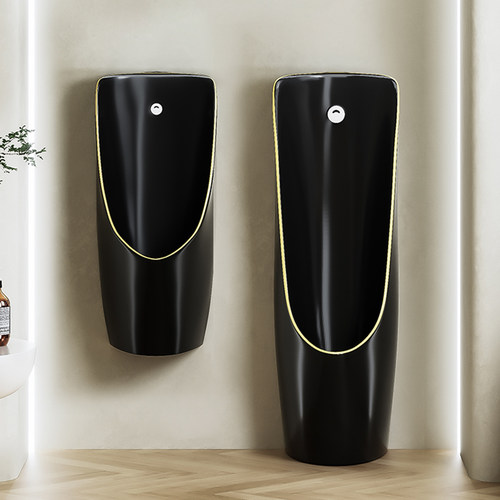 黑色一体感应式小便斗挂墙式家用自动冲水小便池落地式陶瓷小便器