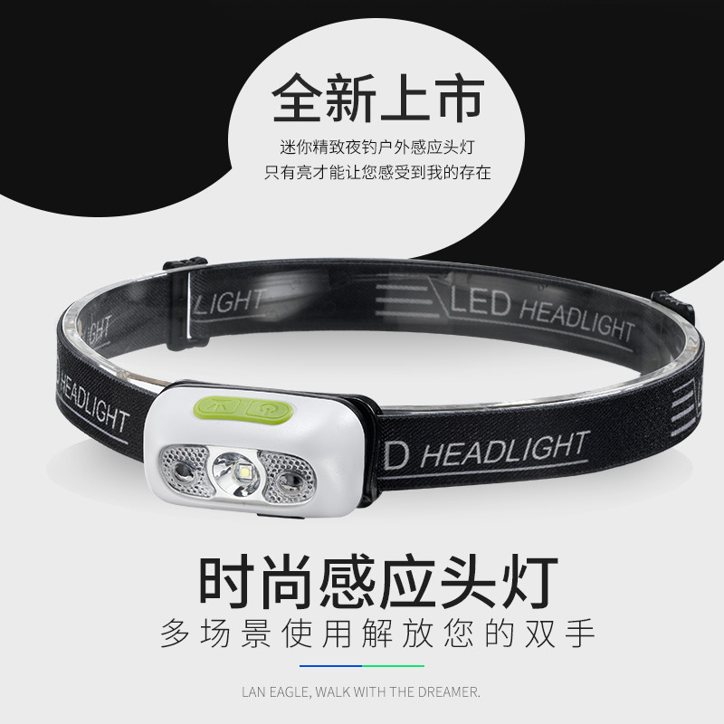 感应头灯钓鱼夜钓充电强光超亮轻头戴式LED夹帽迷你防水智能手电