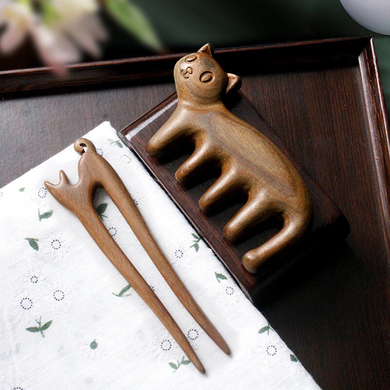 绿檀木簪子手工镜梳套装绿檀香木梳木镜木簪送老婆女友节日礼盒装