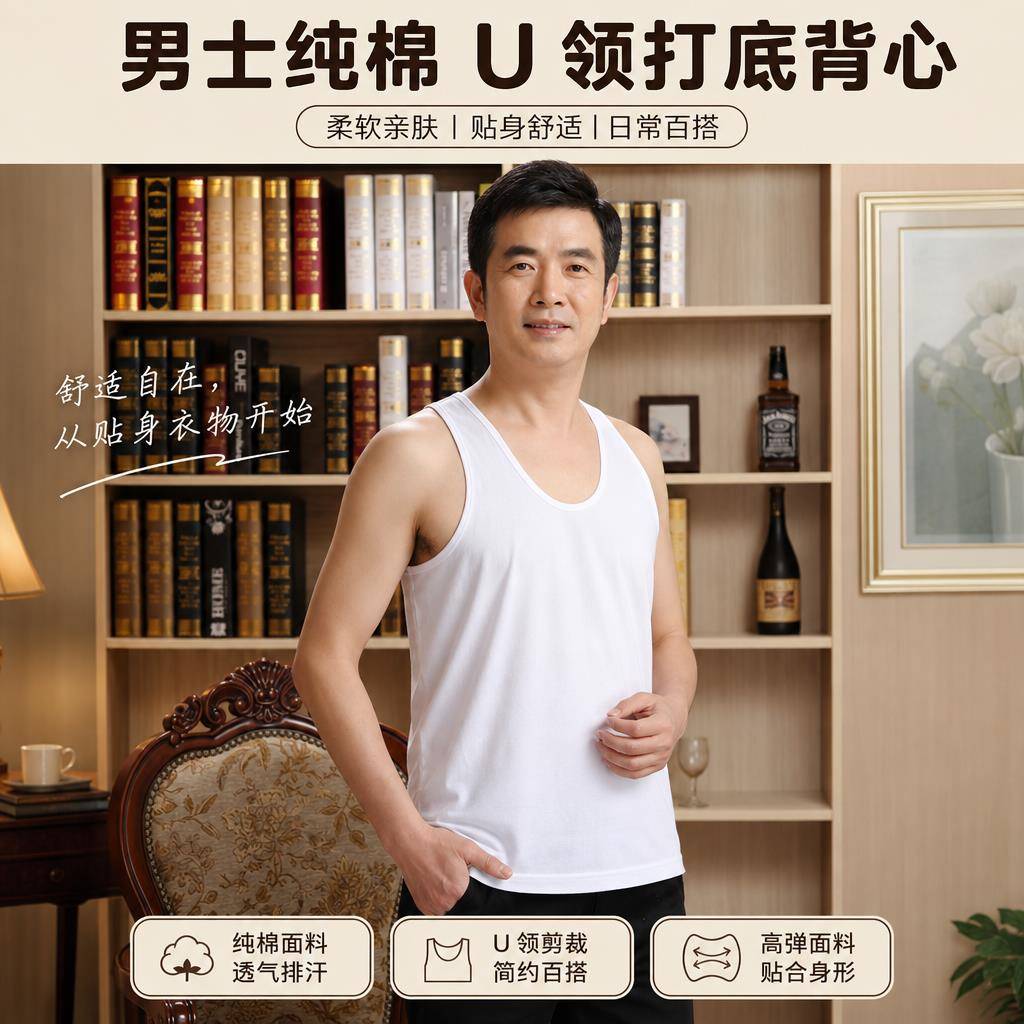 老头衫汗衫男士纯棉U领背心中老年夏季打底贴身舒适白色透气排汗