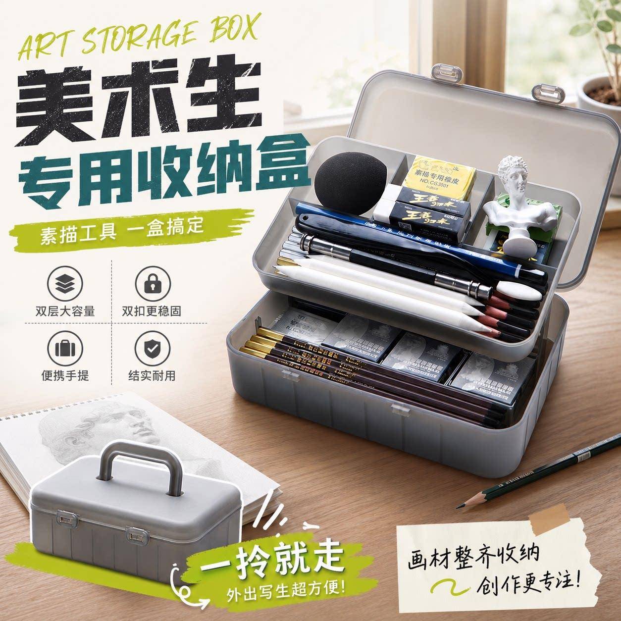 美术生工具收纳盒手提双层素描笔盒全套透明塑料多功能铅笔炭笔画