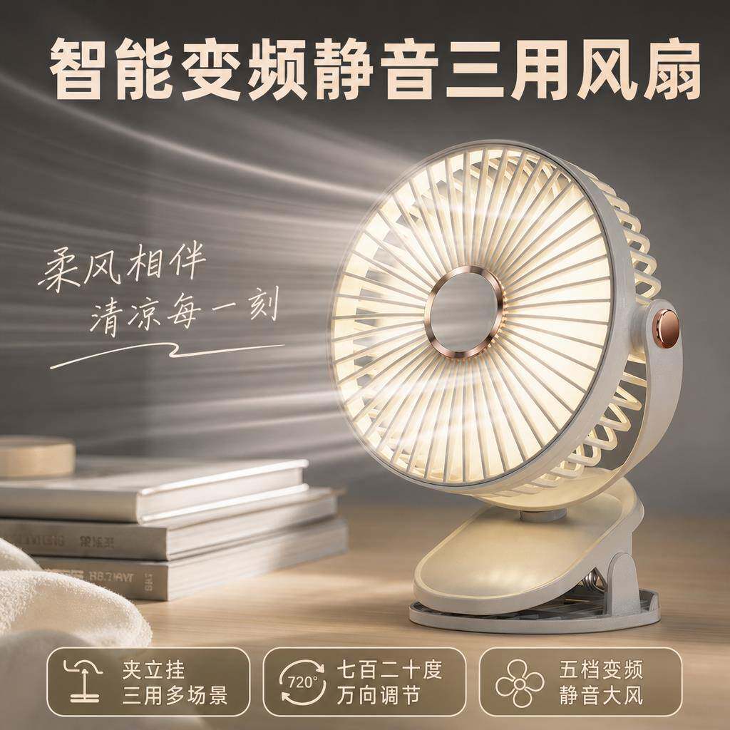 迷你风扇智能变频桌面夹式静音大风力充电循环扇公室宿舍床头风扇