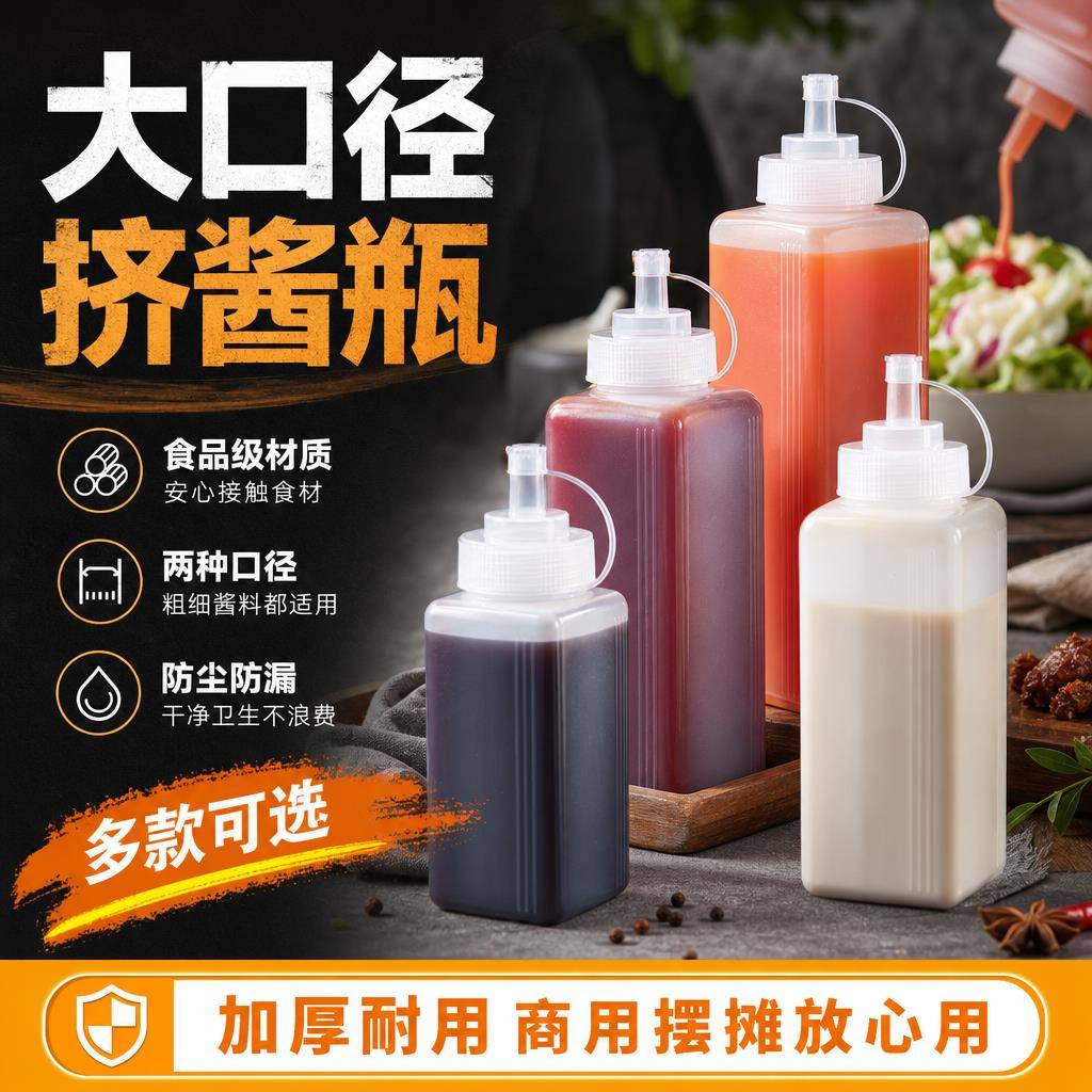 商用摆摊大口径挤酱瓶食品级塑料果酱沙拉蚝油透明酱料挤压分装瓶