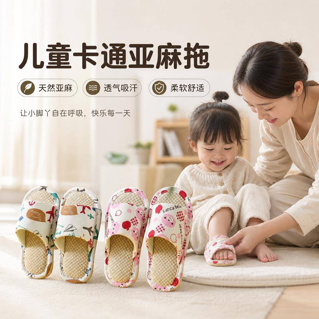 儿童四季亚麻拖鞋室内男童女童小孩家居家用棉麻布春秋冬宝宝防滑