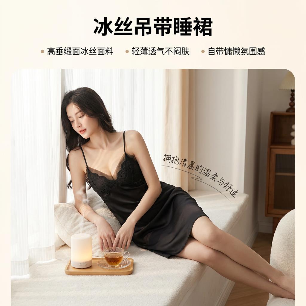 冰丝吊带睡裙女春夏季带胸垫真丝绸薄款性感蕾丝家居服睡衣短裙子