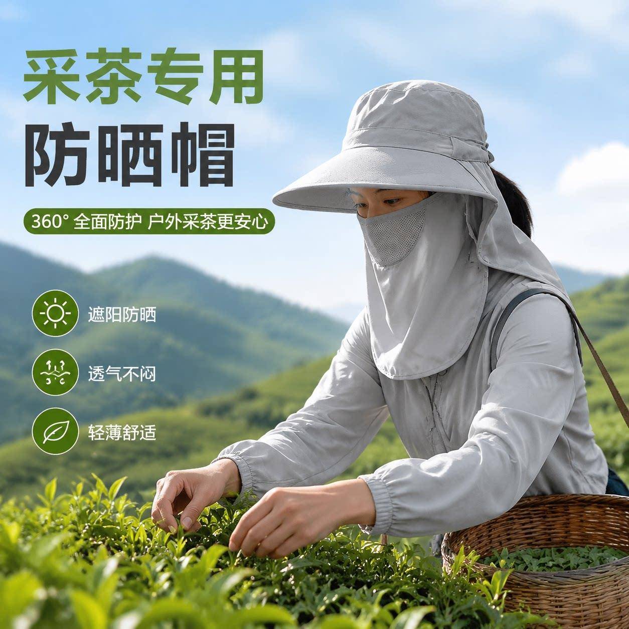 采茶大檐遮阳帽女夏季户外防晒遮脸太阳帽时尚透气薄凉帽骑车帽子