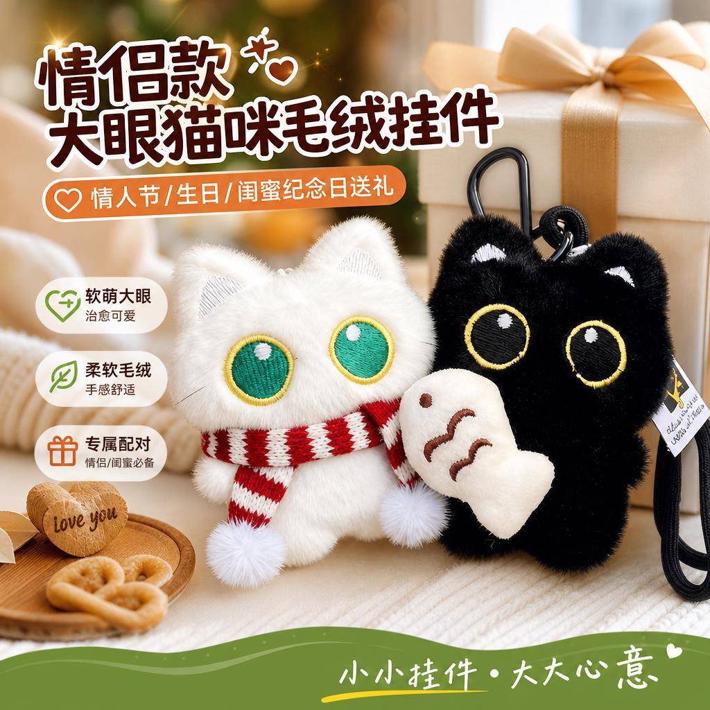 网红小黑猫小白猫毛绒挂件抱小鱼大眼玩偶情侣包包配饰卡通钥匙链