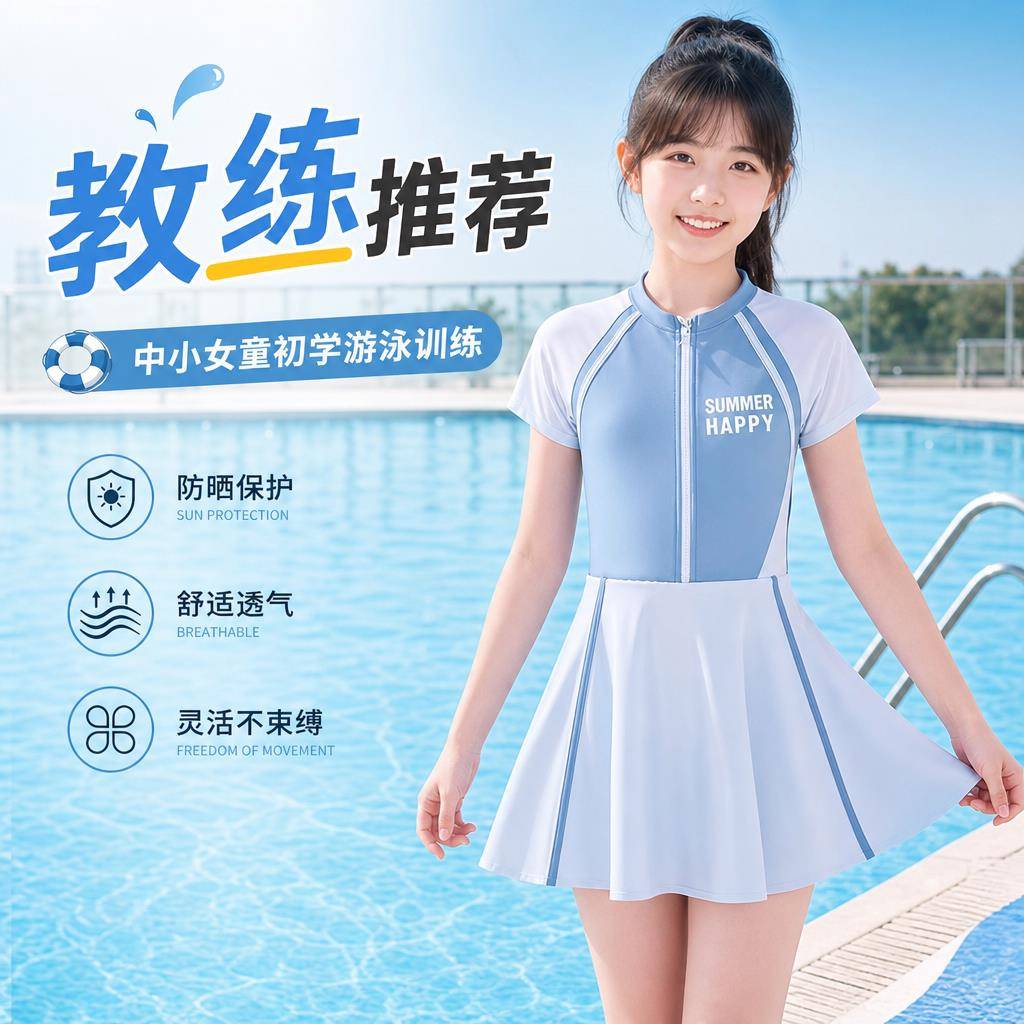 夏季女童连体保守泳衣中大童学生泳池专业训练海边度假运动游泳装