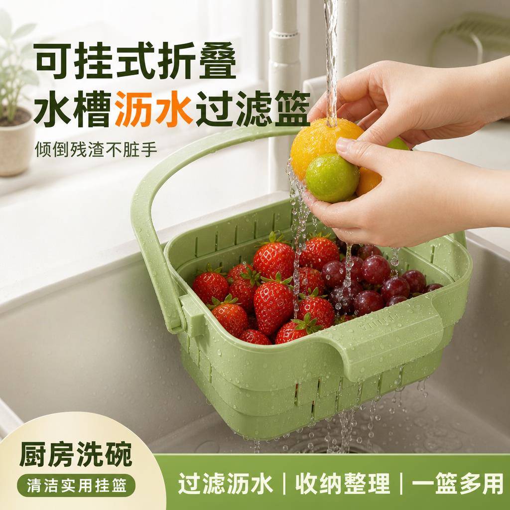 新款伸缩折叠水槽挂篮厨房洗碗厨余滤网果蔬控水多功能沥水置物架