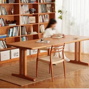 北欧风几何大长书桌子工作台全实木大板桌樱桃木餐桌客厅双人书桌