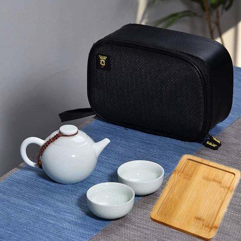 功夫陶瓷便携车载旅行茶具套装一壶二杯汝窑家用户外瓷器搭配竹盘