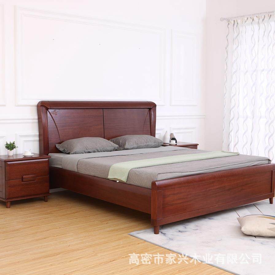 新中式原木床家用卧室布艺实木红橡木床厂家直销支持