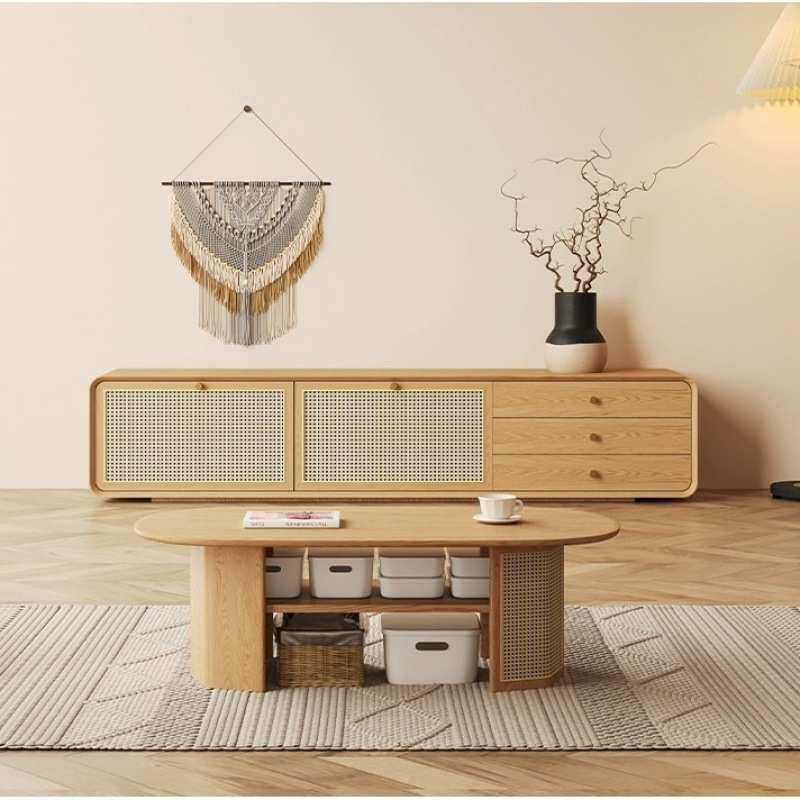 实木电视柜原木色现代简约小户型储置物北欧客厅家用藤编电视剧柜