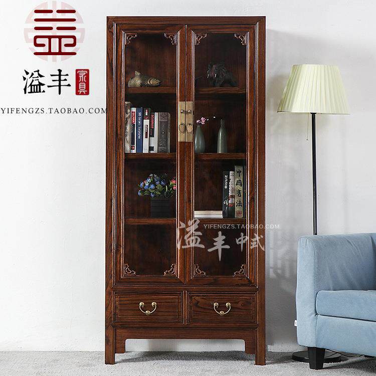 现代中式酒柜客厅储物玻璃展示柜双门装饰柜家具明清古典榆木柜