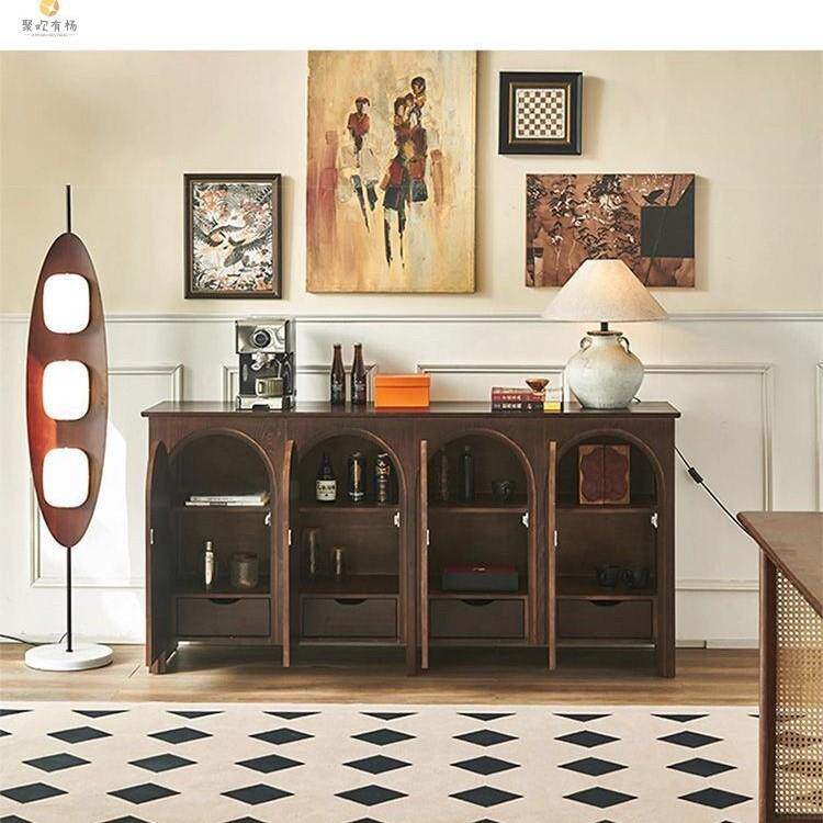 靠墙茶水柜法式中古风拱形门实木餐边柜复古玄关储物客厅家用斗柜