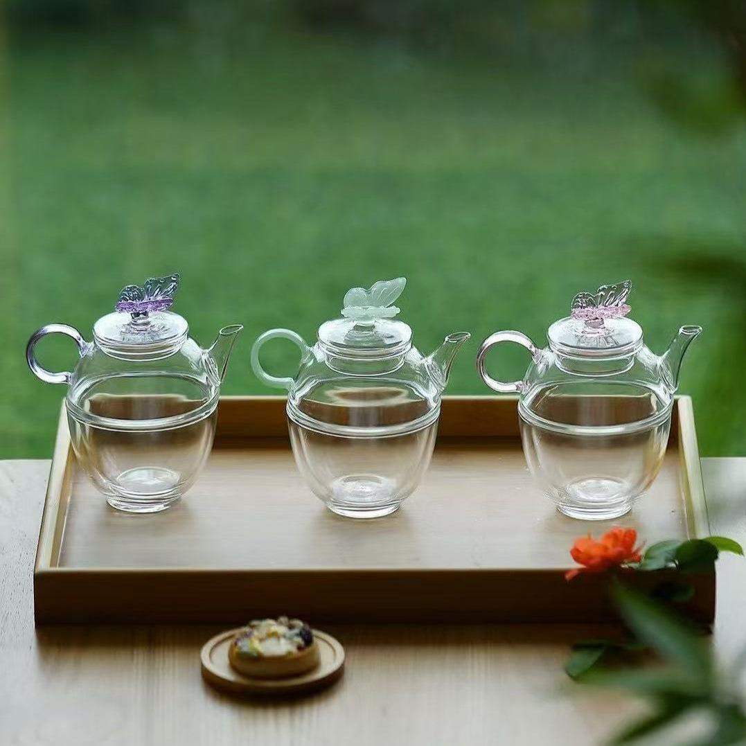 耐热高硼硅玻璃蝴蝶一人饮快客杯户外便携旅行茶具一壶一杯小套组