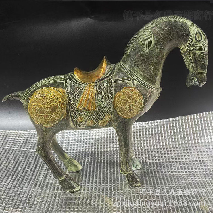 古玩杂项仿古铜器青铜鎏金唐马大号摆件批发 青铜书房居家摆件