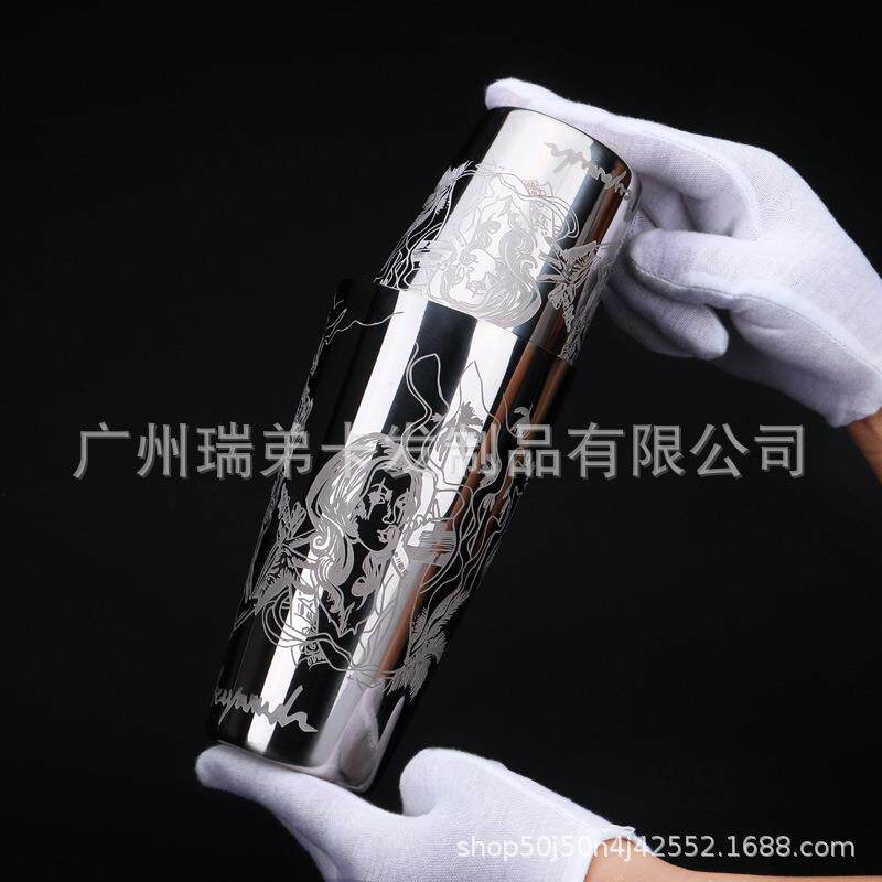 新款海盗女王波士顿调酒器 304不锈钢镜面刻花调酒器雪克壶摇酒壶