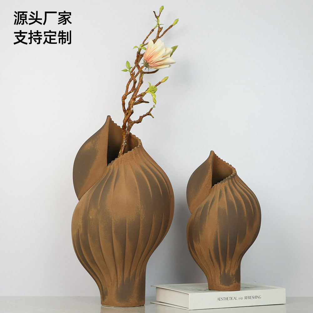 做锈复古陶瓷花瓶设计师民宿玄关创意插花装饰品干花花器摆件海螺