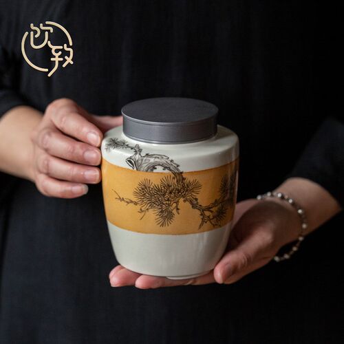 饮致草木灰手绘茶叶罐功夫茶具密封罐复古储茶罐红茶绿茶存茶罐子