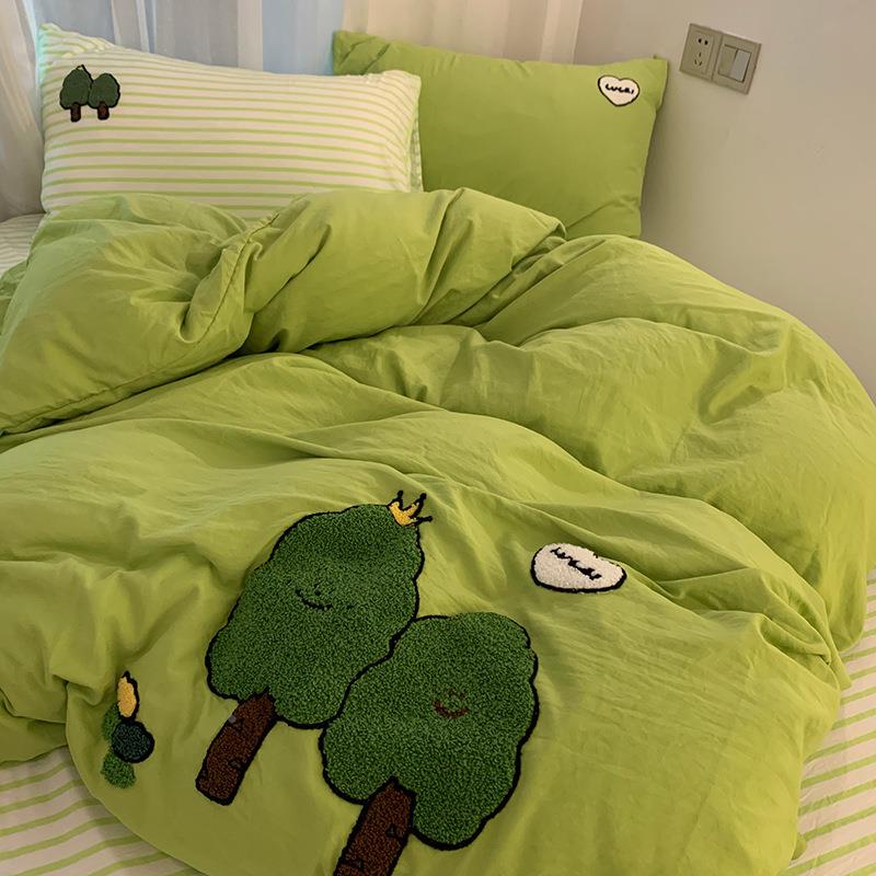 K5绿色发财毛树巾绣被套水洗棉hk6eDHs3床单床宿笠舍三件套四件1