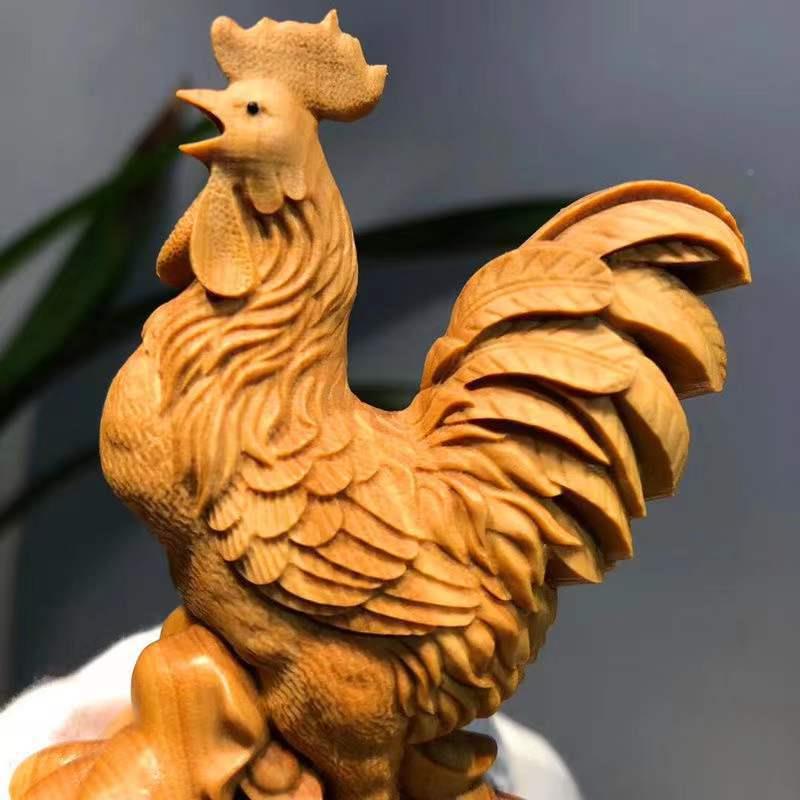 木93175622杨雕小叶黄木鸡摆件招财风水实木肖雕刻公鸡艺工品十二