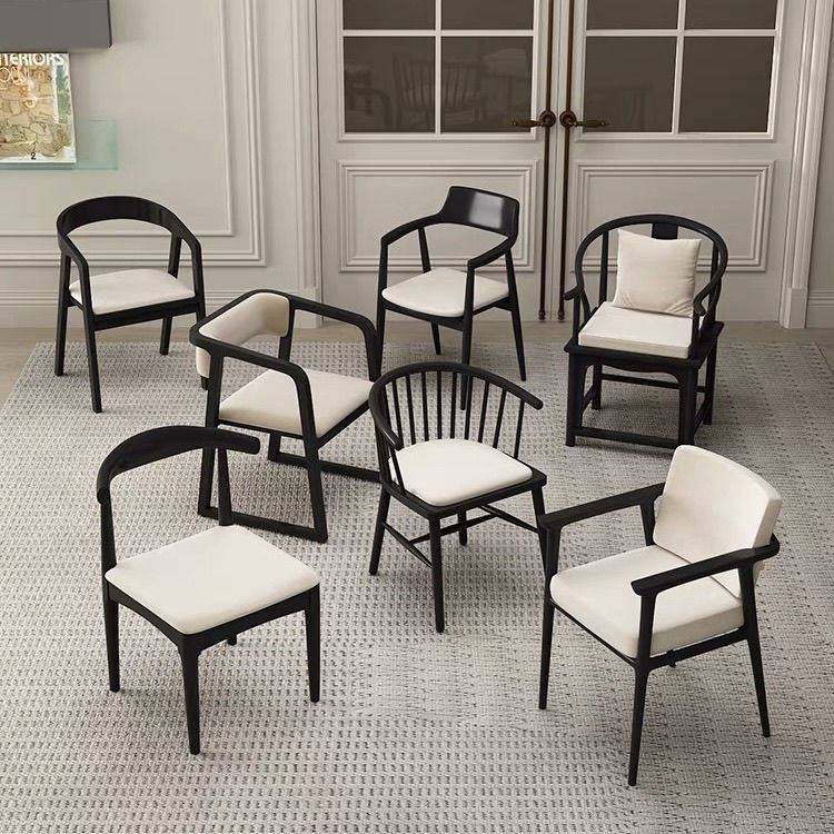 黑色实木餐桌椅简约现代靠背扶手椅家用餐椅软坐垫学生椅藤编椅子